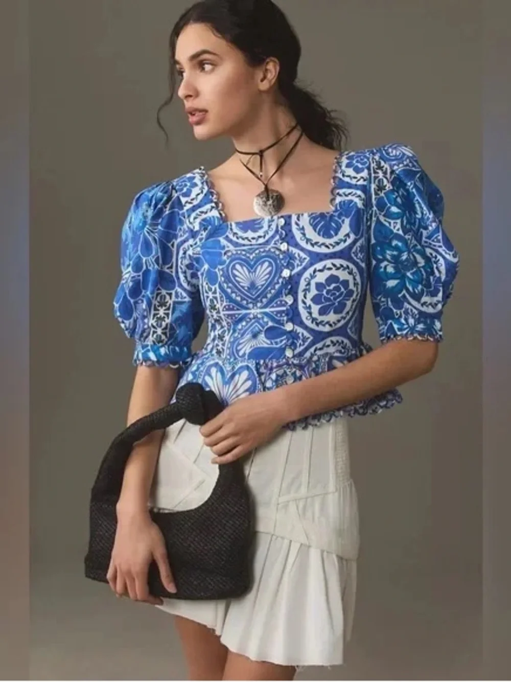 FARM Rio Tile Dream Cotton Puff Sleeve Peplum Top Blouse Blue White Large NWT